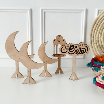 Welcome Ramadan phrase + 4 wooden Ramadan decorations