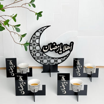 4 cups and mugs bases + a crescent moon with the phrase “Welcome Ramadan”